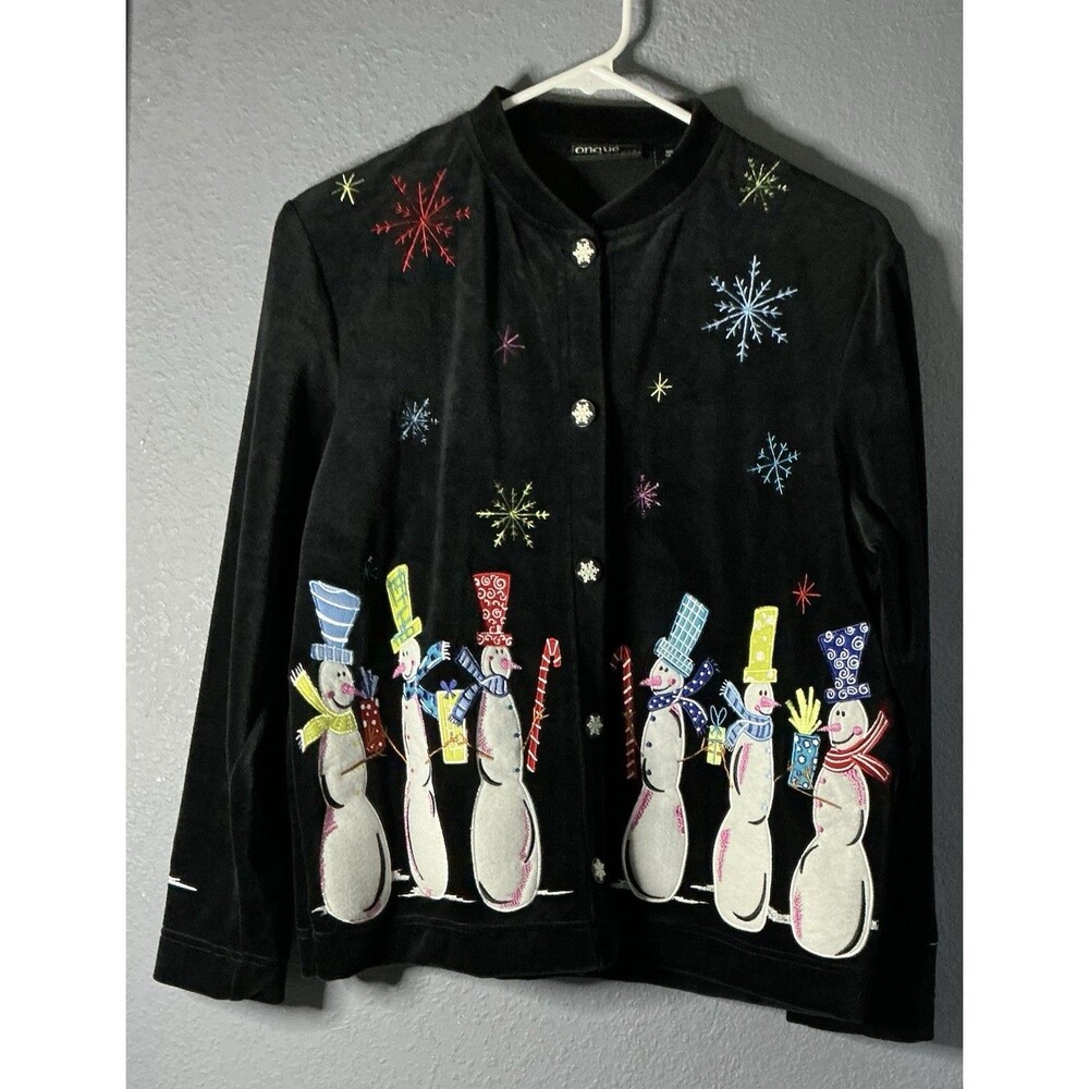 VTG ONQUE Casuals Embroidered Snowmen Cardigan Women’s Small Velour Velvet